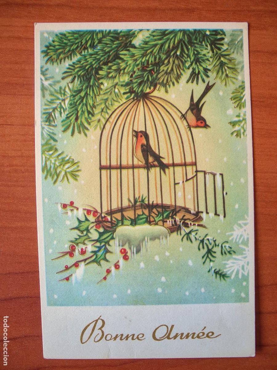 Postais: Postal Navidad. Paisaje nevado pajarito jaula algunos trazos dorados nueva 9x14