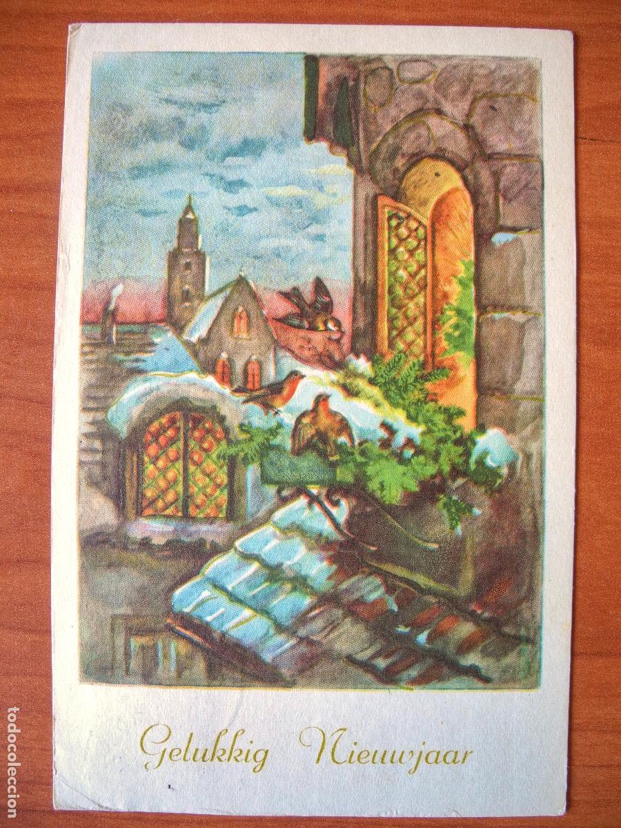 Cartoline: Postal Navidad. P&aacute;jaro pajarito paisaje nevado ventana circulada con sello a&ntilde;os 60 9x14
