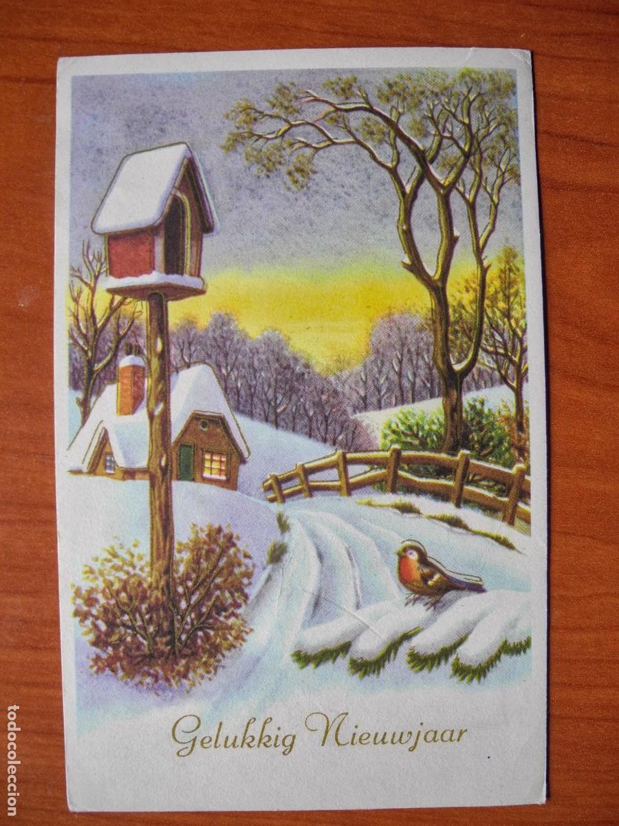 Postcards: Postal Navidad. Paisaje nevado p&aacute;jaro pajarito petirrojo trazos dorados circulada con sello 9x14