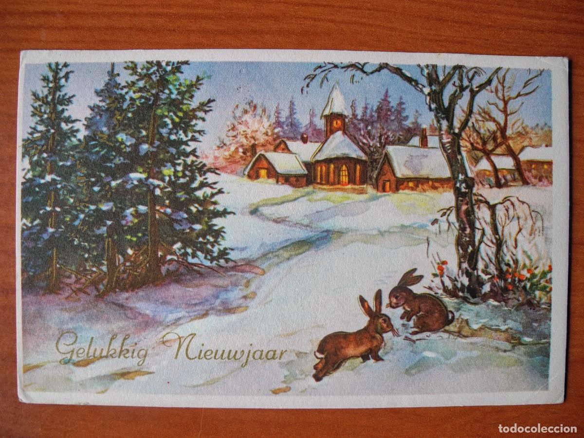 Postcards: Postal Navidad. Paisaje nevado liebre conejo trazos dorados circulada con sello 1963 14x9