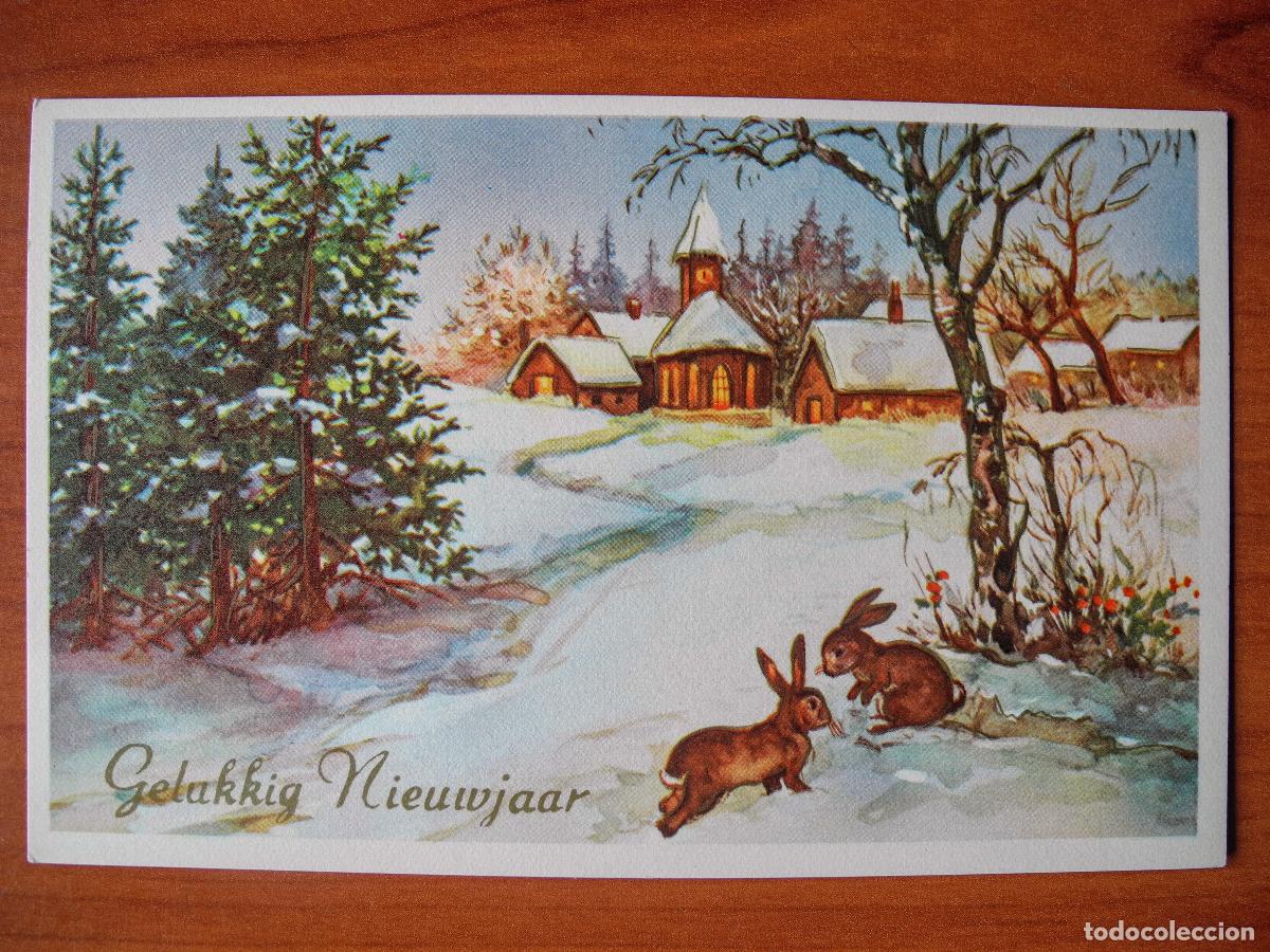 Postcards: Postal Navidad. Paisaje nevado liebre conejo Nueva 14x9