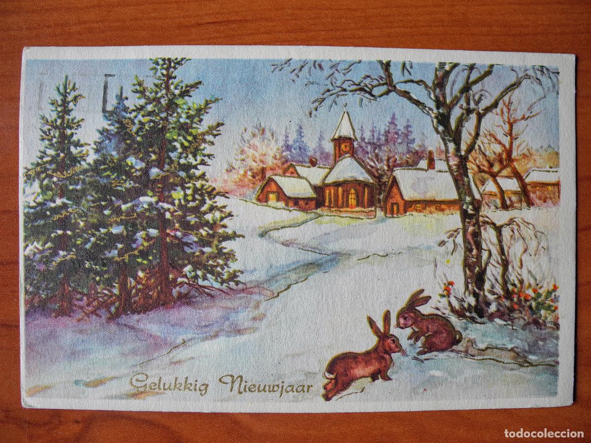 Postcards: Postal Navidad. Paisaje nevado liebre conejo trazos dorados Circulada 1951 14x9