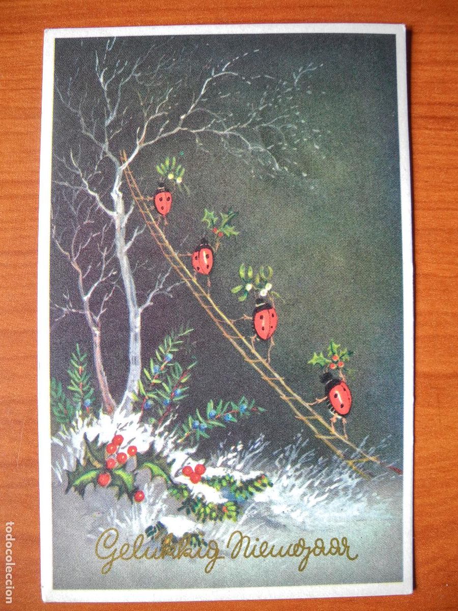 Postcards: Postal Navidad. Paisaje nevado mariquitas. Circulada con sello 1958 9x14