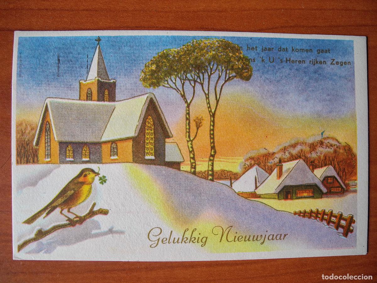 Postcards: Postal Navidad. Paisaje nevado p&aacute;jaro pajarito trazos dorados Circulada 14x9
