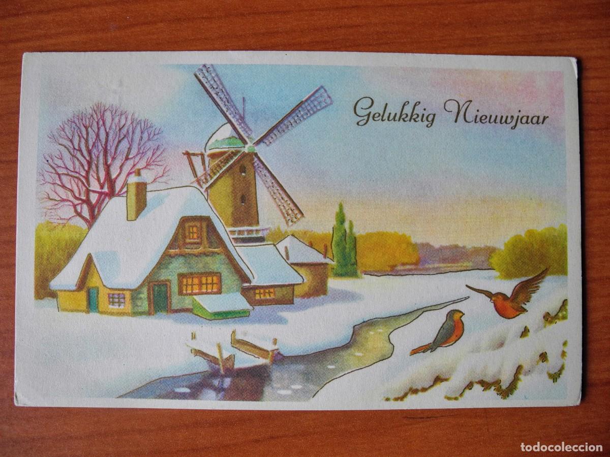 Postcards: Postal Navidad. Paisaje nevado p&aacute;jaro pajarito petirrojo molino trazos dorados escrita 14x9