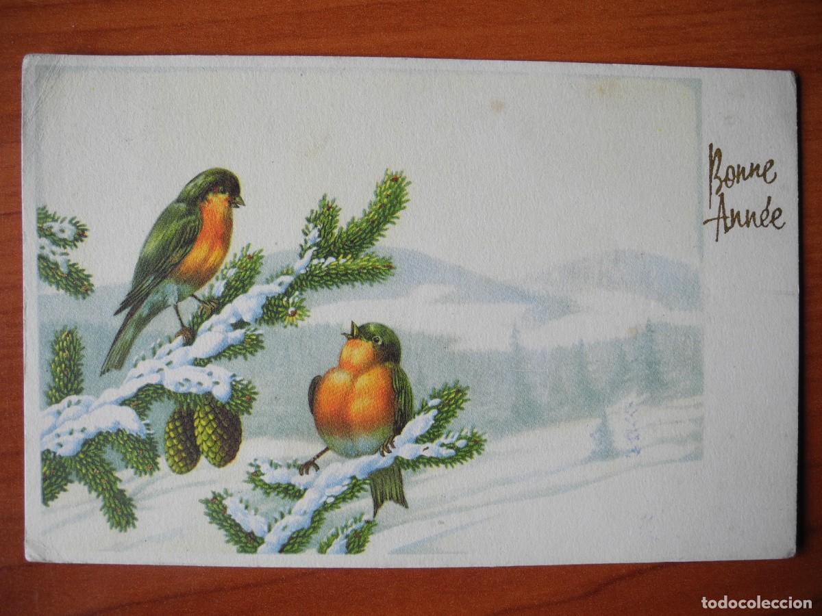Postcards: Postal Navidad. Paisaje nevado p&aacute;jaro pajarito trazos dorados Circulada con sello 1956 14x9