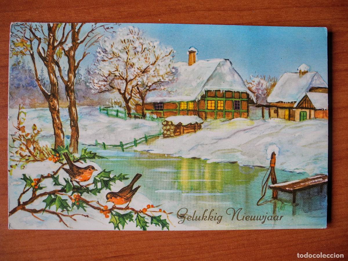 Postcards: Postal Navidad. Paisaje nevado p&aacute;jaro pajarito Acabado brillante. circulada con sello 1960 14x9