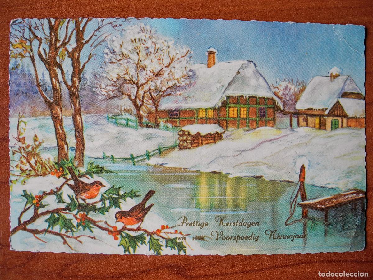 Postcards: Postal Navidad. Paisaje nevado p&aacute;jaro pajarito Acabado brillante. circulada con sello 1961 14x9