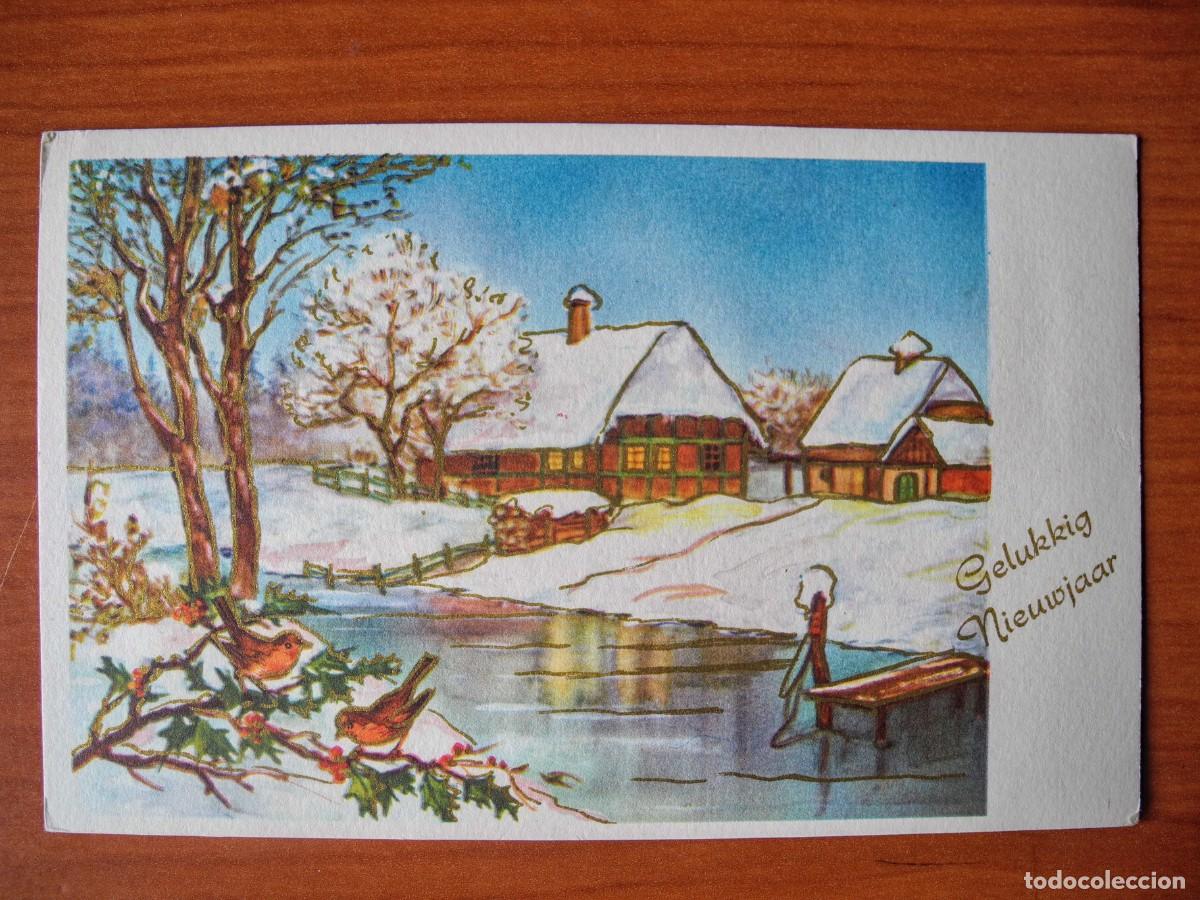 Postcards: Postal Navidad. Paisaje nevado p&aacute;jaro pajarito Trazos dorados Circulada sin sello 1964 14x9