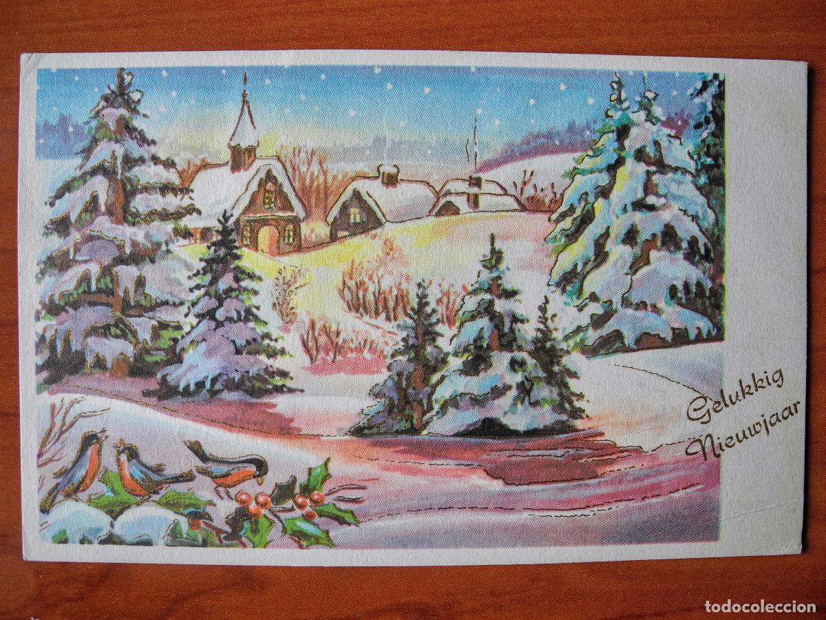 Postcards: Postal Navidad. Paisaje nevado p&aacute;jaro pajarito petirrojo. Trazos dorados. Escrita14x9