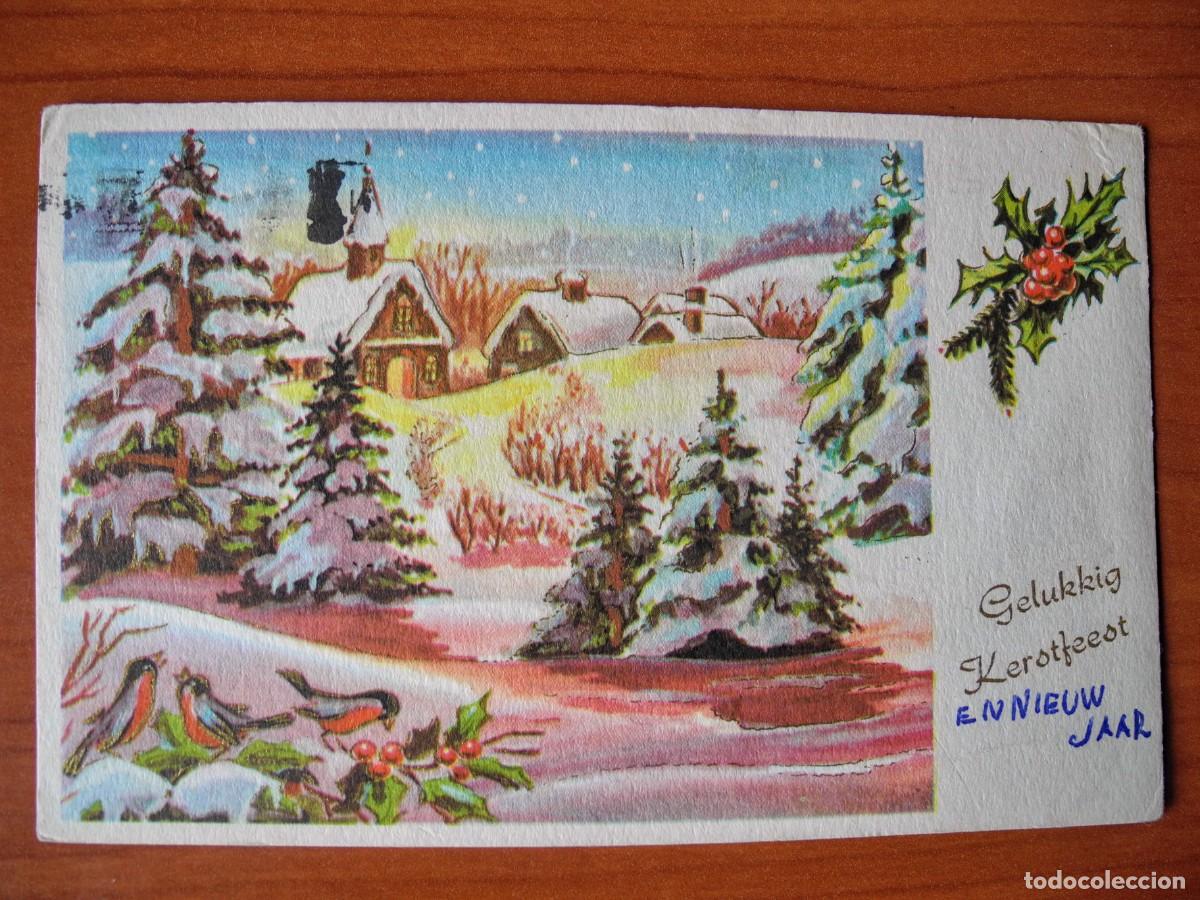 Postcards: Postal Navidad. Paisaje nevado p&aacute;jaro pajarito petirrojo. Trazos dorados. Escrita 14x9