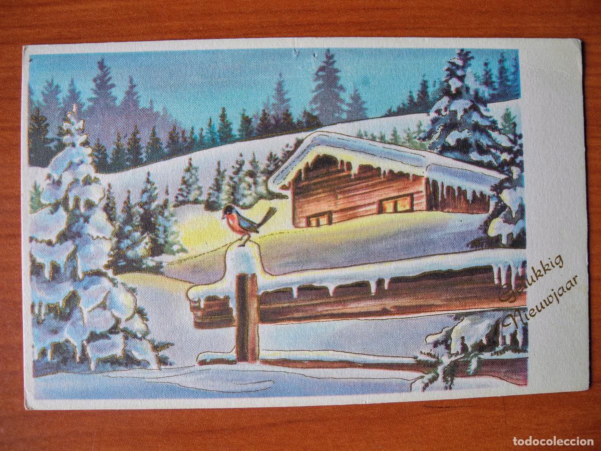 Postcards: Postal Navidad. Paisaje nevado p&aacute;jaro pajarito petirrojo. Trazos dorados. Circulada 1978 14x9
