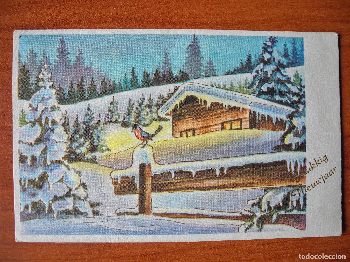 Postcards: Postal Navidad Paisaje nevado p&aacute;jaro pajarito petirrojo Trazos dorados Circulada con sello 1962 14x9