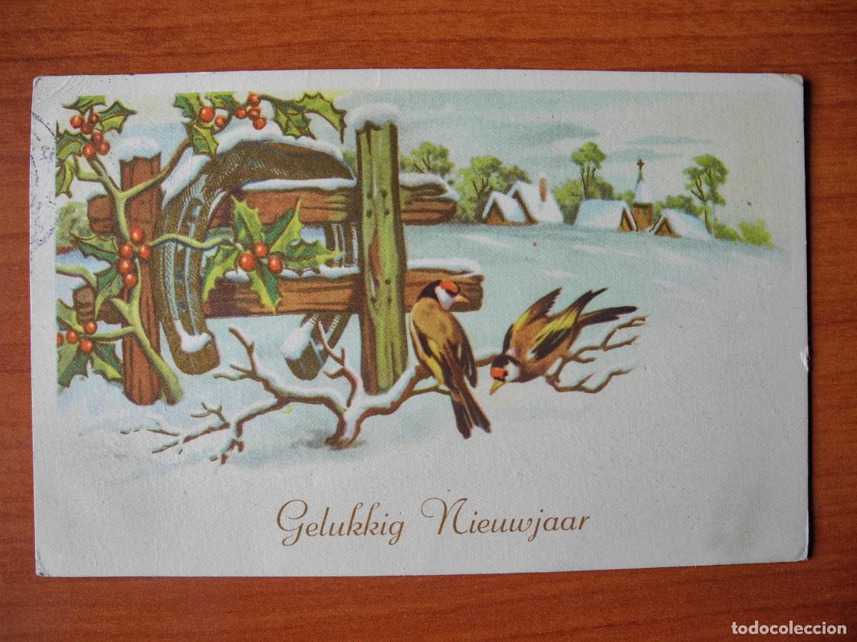 Postcards: Postal Navidad Paisaje nevado p&aacute;jaro pajarito Trazos dorados Circulada con sello 1955 14x9