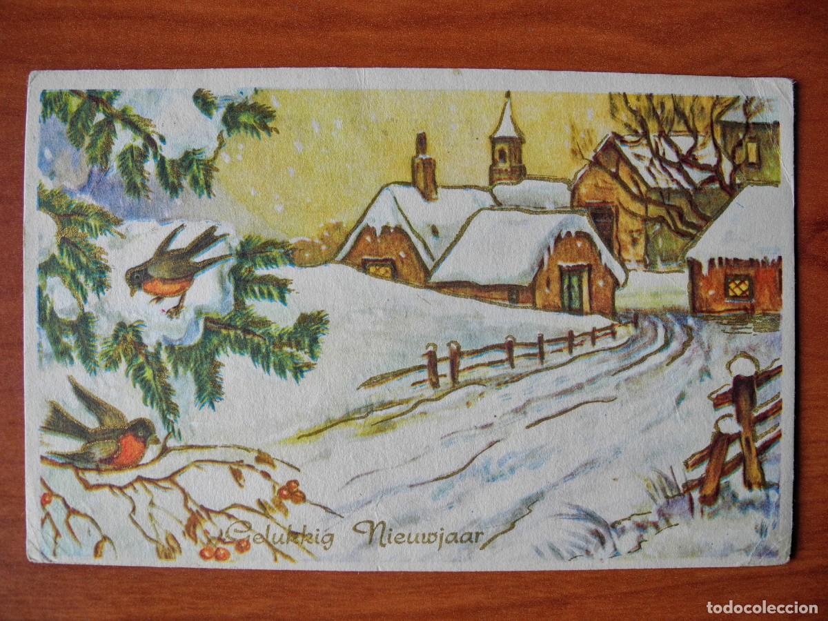 Postcards: Postal Navidad Paisaje nevado p&aacute;jaro pajarito petirrojo Trazos dorados Circulada con sello 1961 14x9