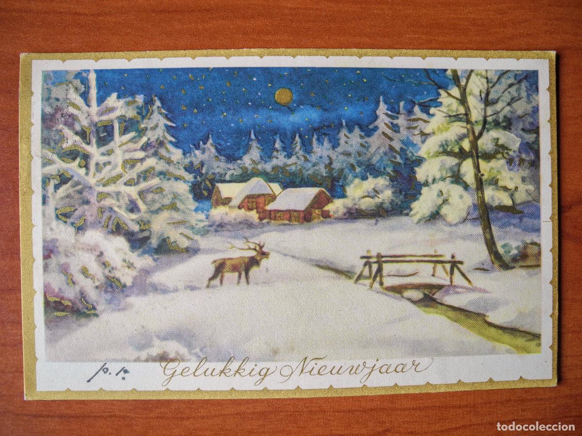 Postais: Postal Navidad Paisaje nevado ciervo. Trazos dorados. Circulada con sello 1954 14x9