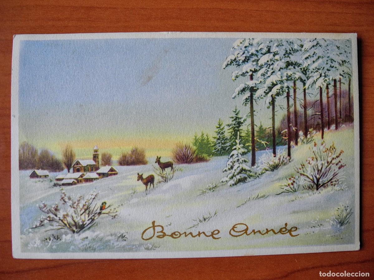 Postais: Postal Navidad Paisaje nevado ciervo cervatillo. Circulada con sello 14x9