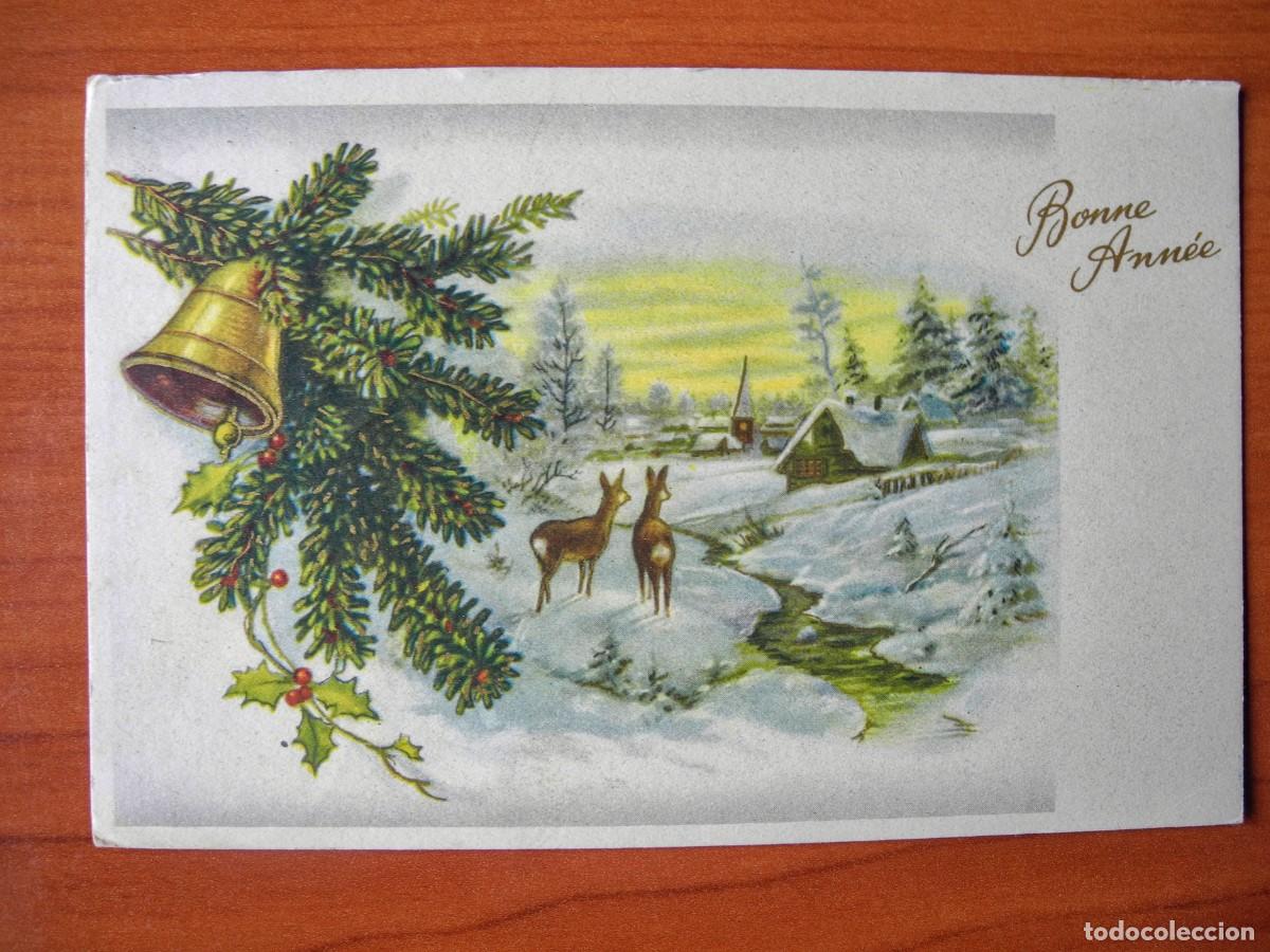 Postais: Postal Navidad Paisaje nevado ciervo cervatillo. Trazos dorados Circulada con sello a&ntilde;os 60 14x9