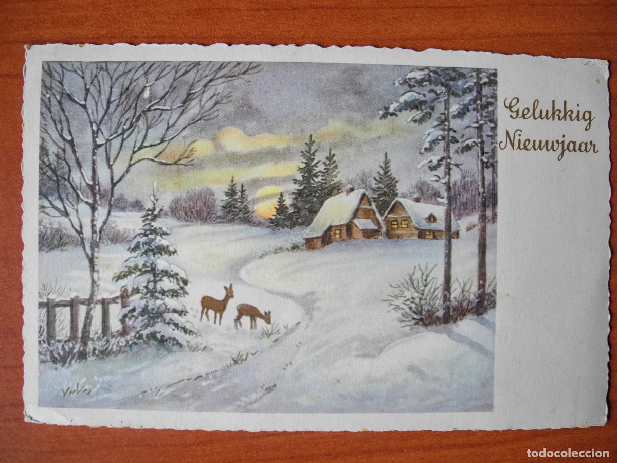 Postais: Postal Navidad Paisaje nevado ciervo cervatillo. Circulada con sello 1957 14x9