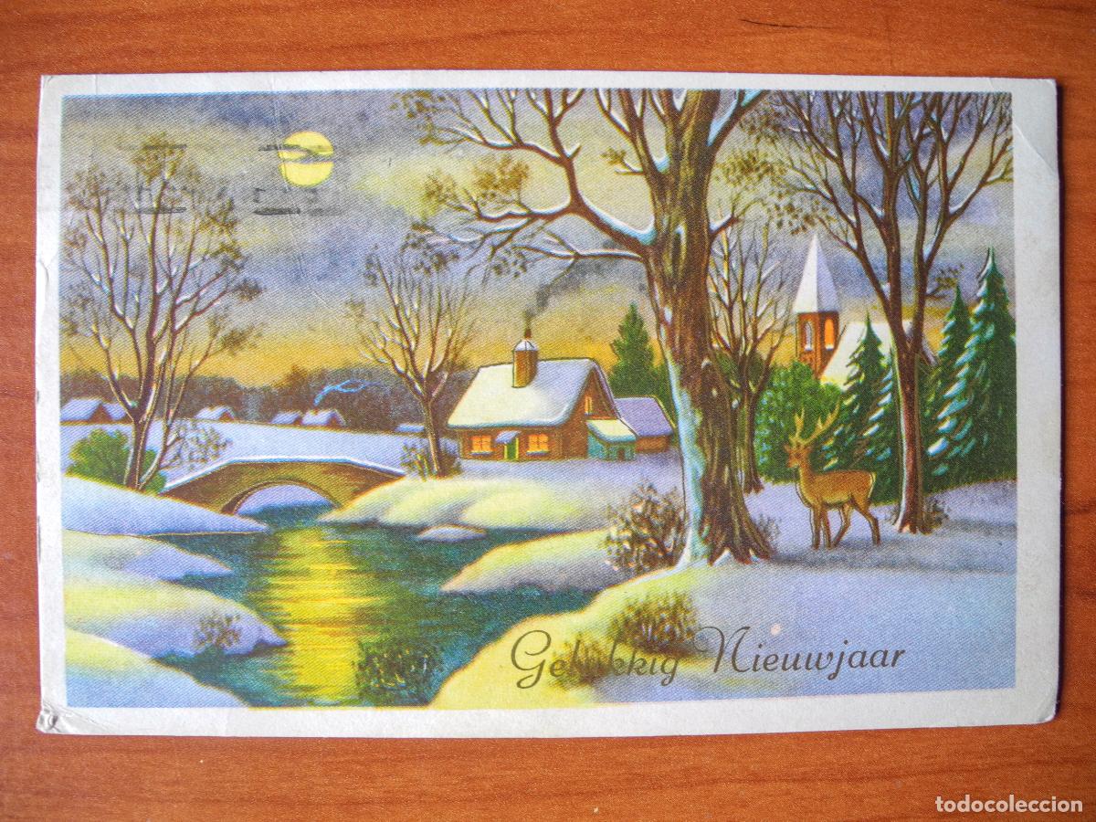 Postais: Postal Navidad Paisaje nevado ciervo cervatillo rio puente. Trazos dorados Circulada sin sello 14x9