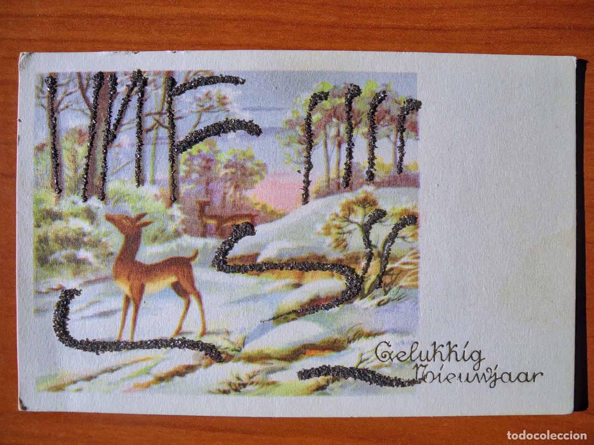 Postkarten: Postal Navidad Con brillantina. Paisaje nevado ciervo cervatillo. Escrita 14x9