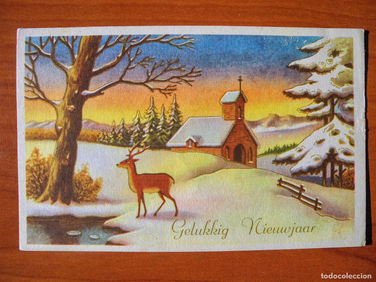 Postkarten: Postal Navidad Paisaje nevado ciervo cervatillo. Circulada con sello a&ntilde;os 60 14x9