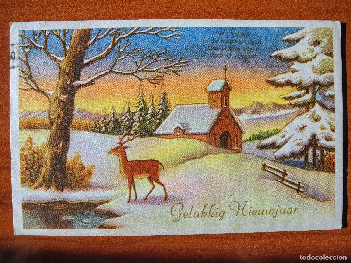 Postkarten: Postal Navidad Paisaje nevado ciervo cervatillo. Trazos dorados. Circulada 14x9