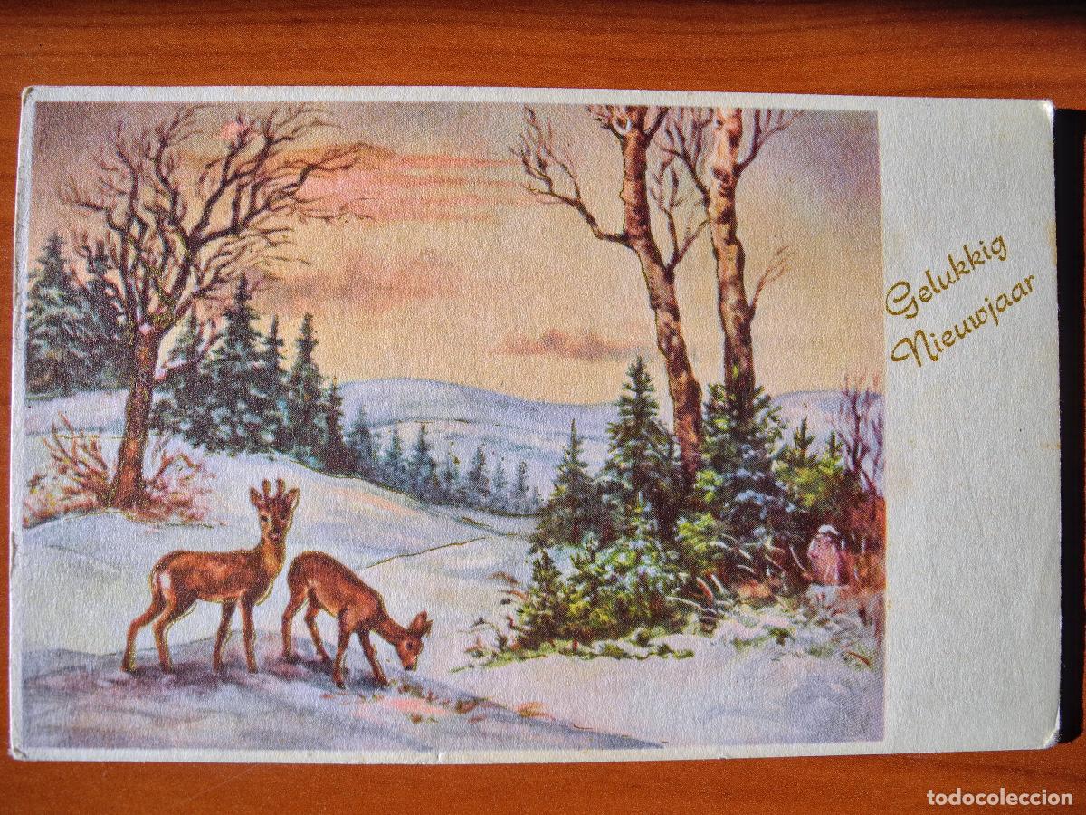 Postales: Postal Navidad Paisaje nevado ciervo cervatillo. Trazos dorados Circulada con sello 1961 14x9