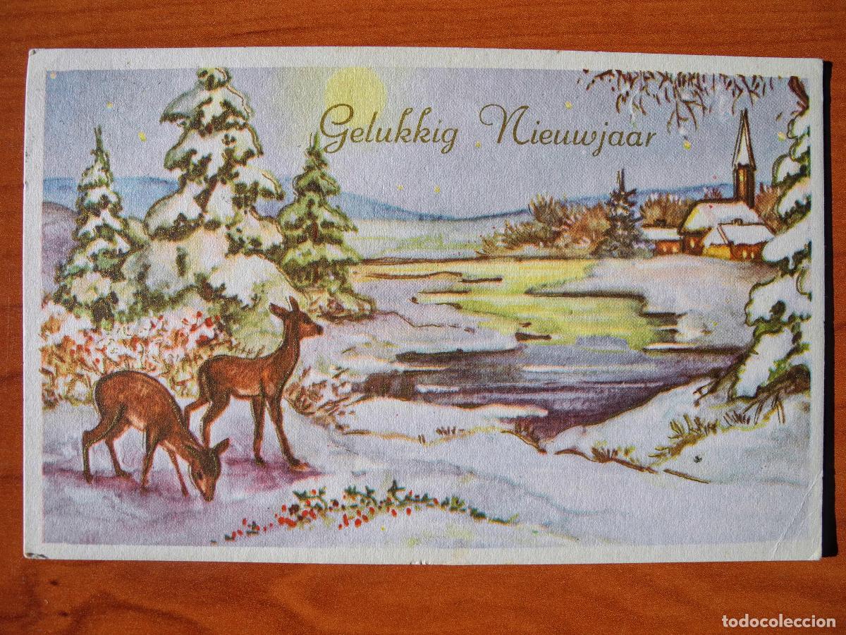 Postcards: Postal Navidad Paisaje nevado ciervo cervatillo. Trazos dorados. Circulada con sello 1962 14x9