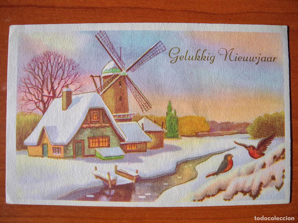 Postcards: Postal Navidad. Paisaje nevado Molino. R&iacute;o. Contornos dorados 14x9. Circulada sin sello