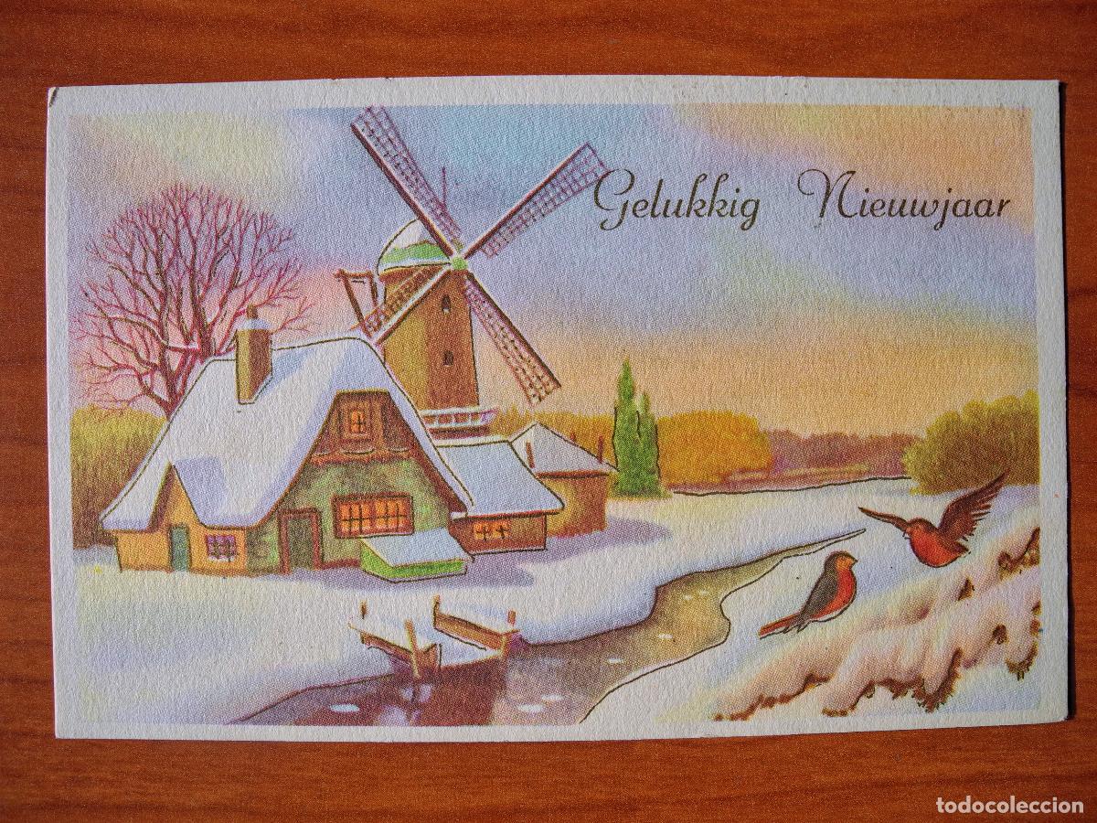 Postcards: Postal Navidad. Paisaje nevado Molino. R&iacute;o. Contornos dorados 14x9. Nueva