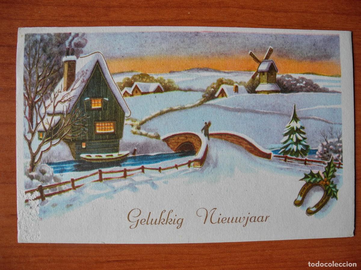 Postcards: Postal Navidad. Paisaje nevado. Molino r&iacute;o barca. Trazos dorados Circulada con sello 1963 14x9