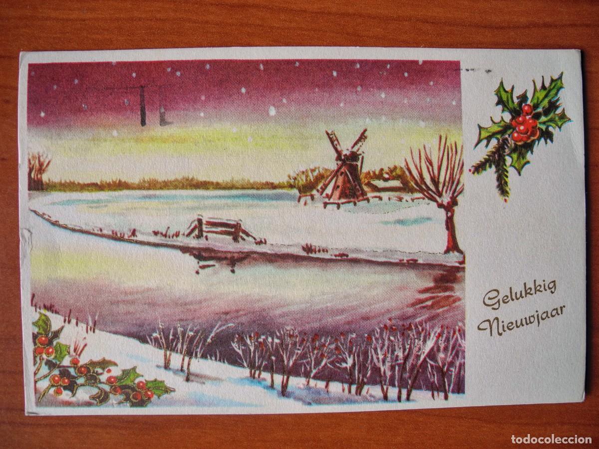 Postcards: Postal Navidad. Paisaje nevado. Molino r&iacute;o Trazos dorados Circulada con sello 1963 14x9