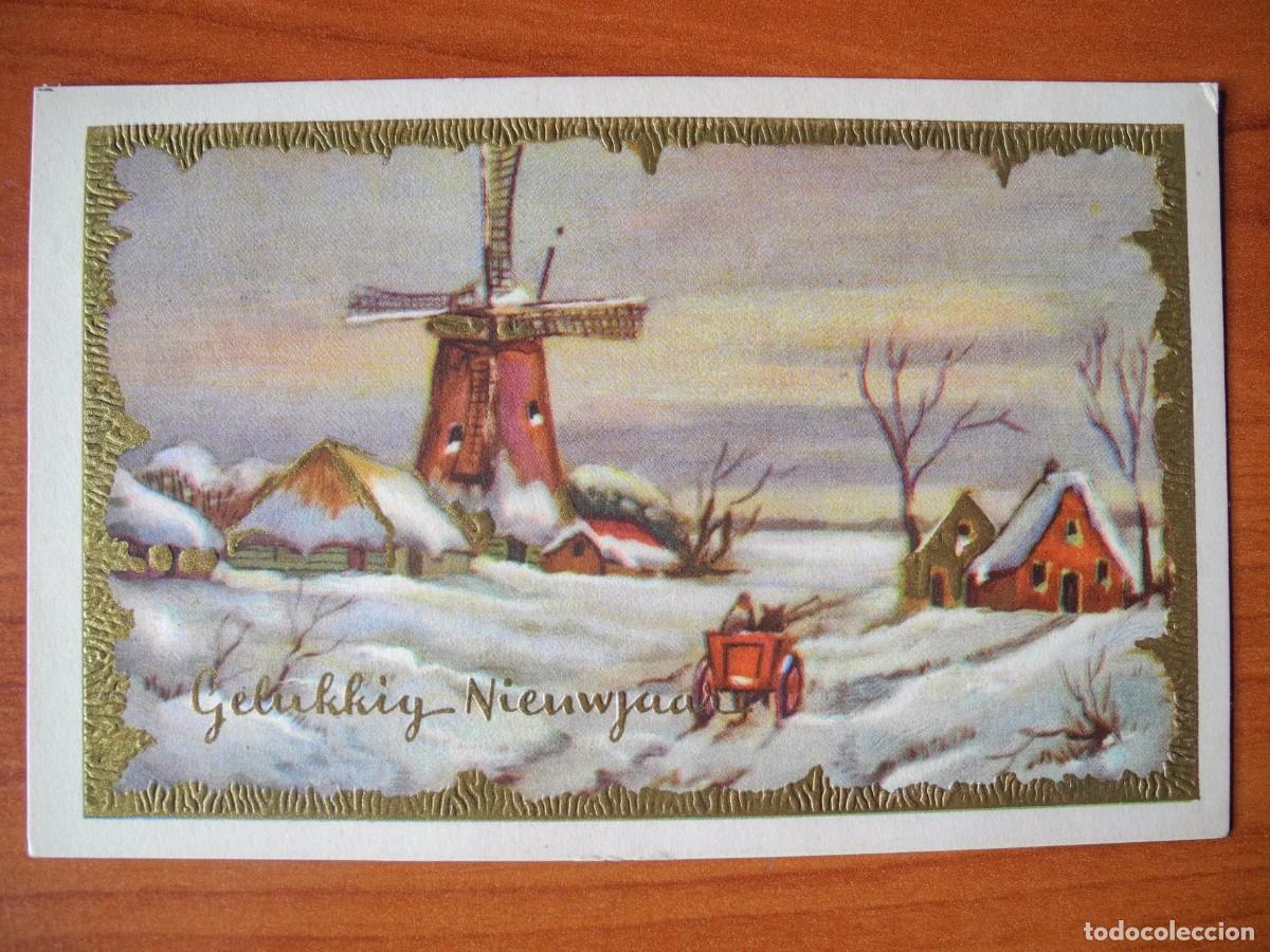 Postcards: Postal Navidad. Paisaje nevado. Molino carro Relieve contornos dorados Circulada con sello 1952 14x9
