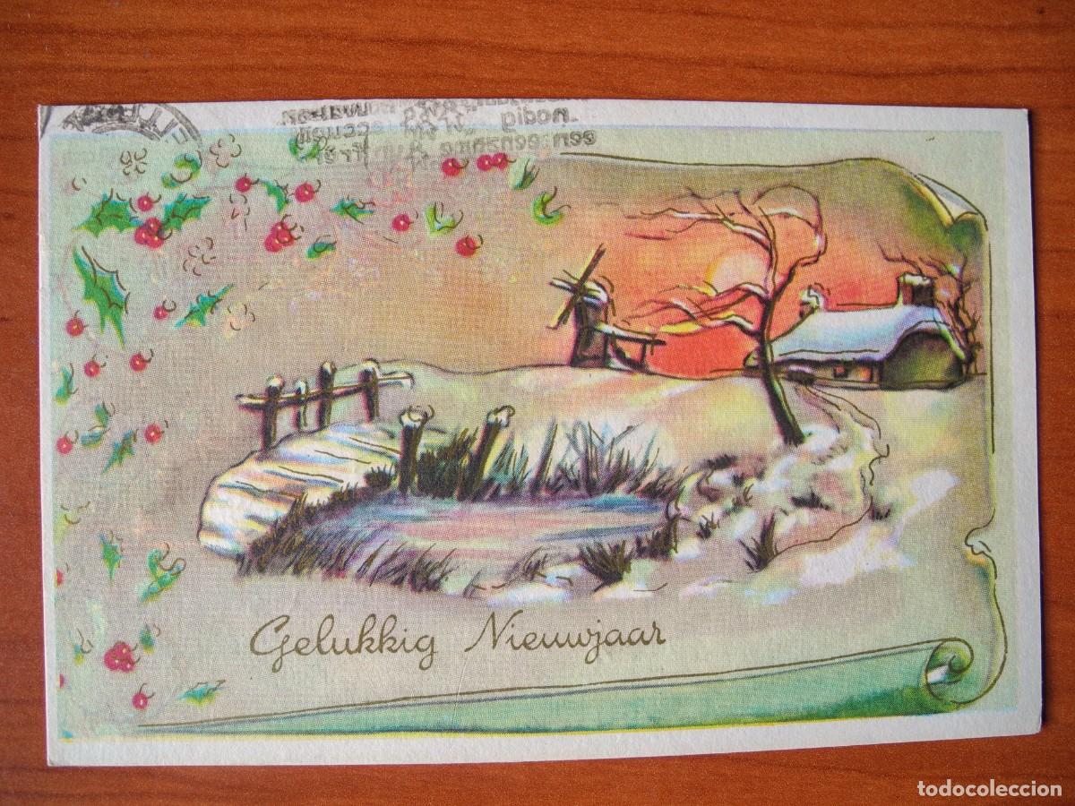 Postcards: Postal Navidad. Paisaje nevado. Molino r&iacute;o contornos dorados Circulada sin sello 14x9