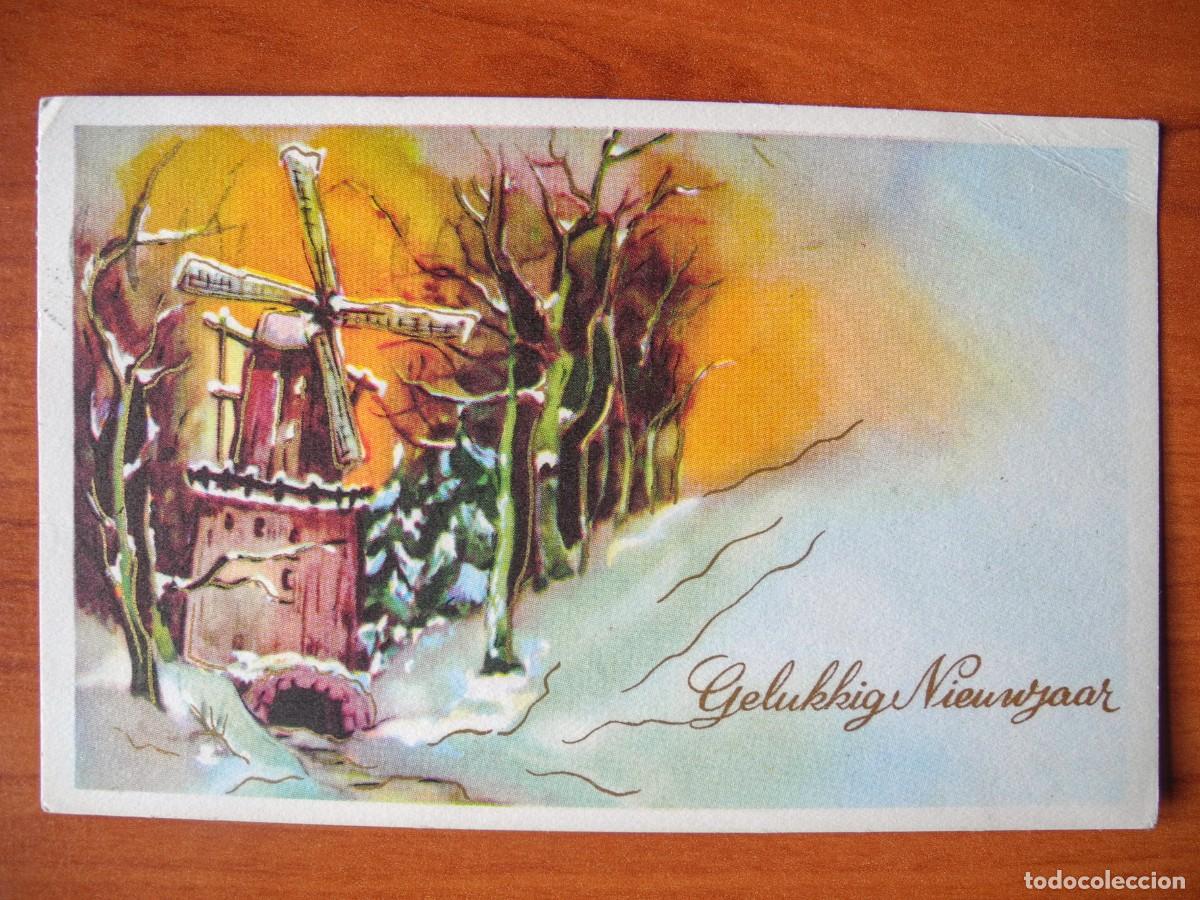 Postcards: Postal Navidad. Paisaje nevado. Molino r&iacute;o contornos dorados Circulada con sello 1967 14x9