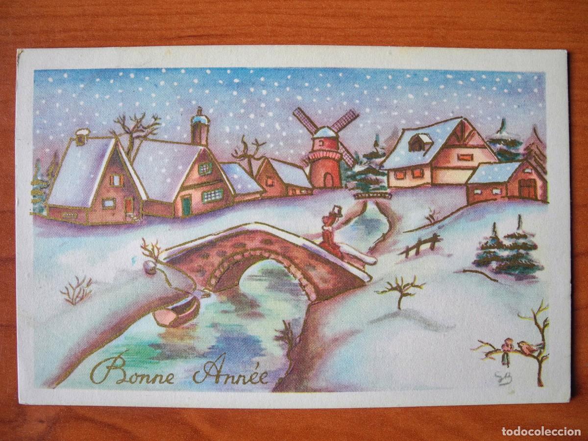 Postcards: Postal Navidad. Paisaje nevado. Molino puente r&iacute;o contornos dorados Circulada con sello 14x9