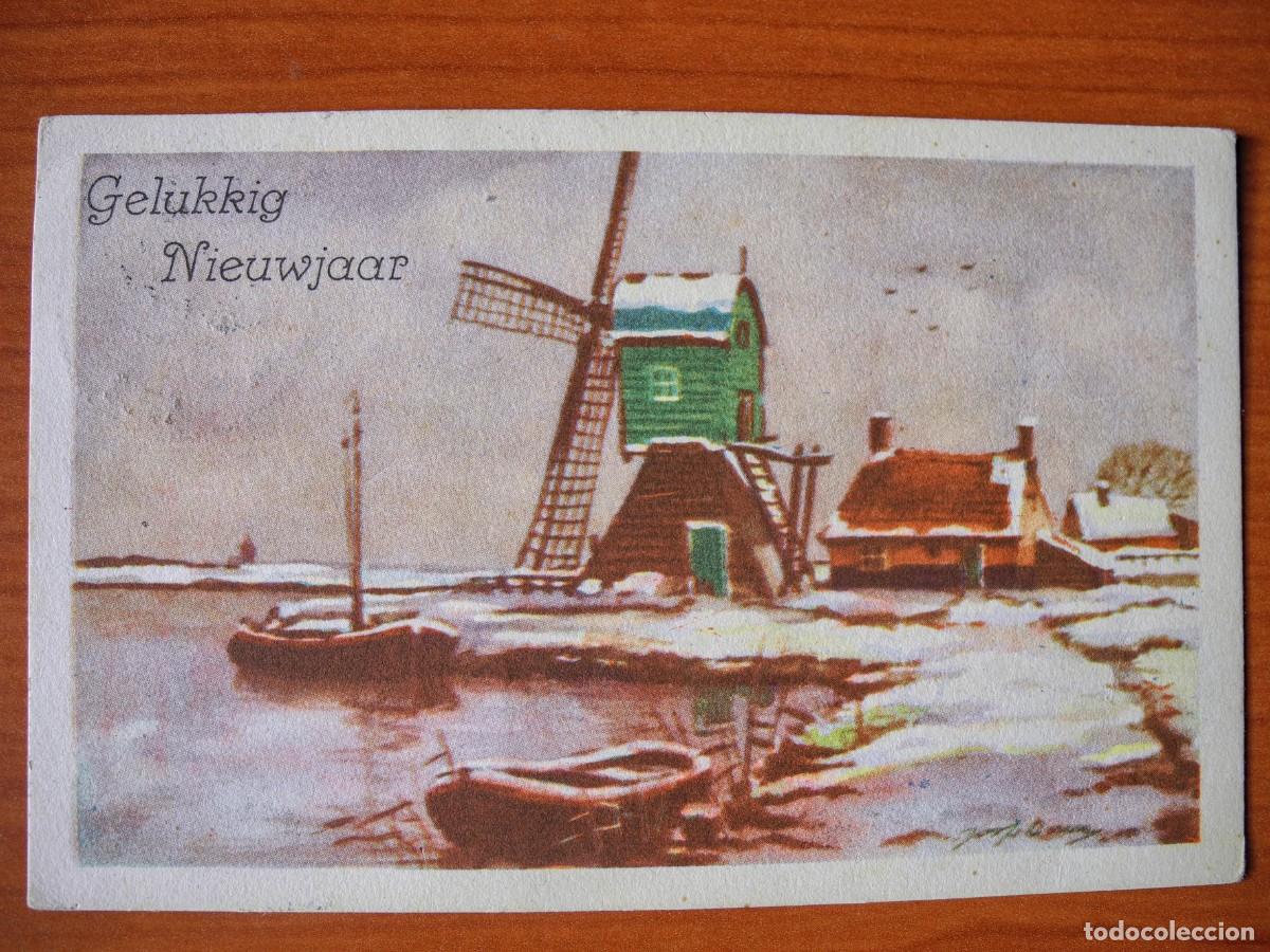 Postcards: Postal Navidad. Paisaje nevado. Molino r&iacute;o barcas Circulada con sello 1952 14x9