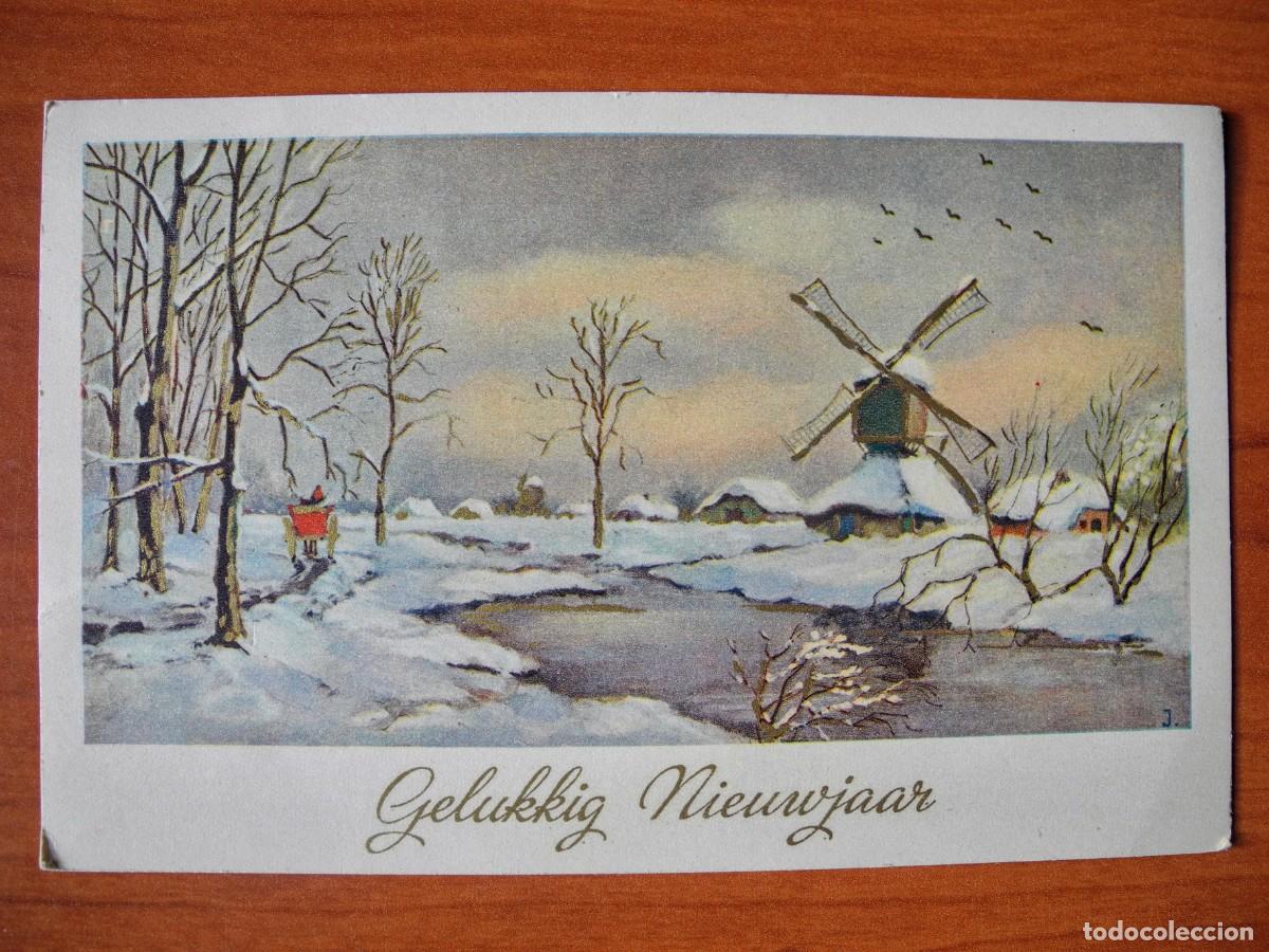 Postcards: Postal Navidad. Paisaje nevado. Molino r&iacute;o carro Trazos dorados Circulada con sello 1952 14x9