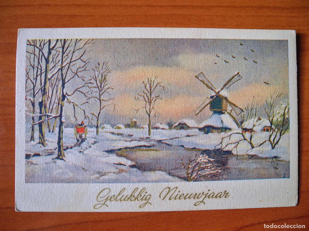 Postcards: Postal Navidad. Paisaje nevado. Molino r&iacute;o carro Trazos dorados Circulada con sello 14x9