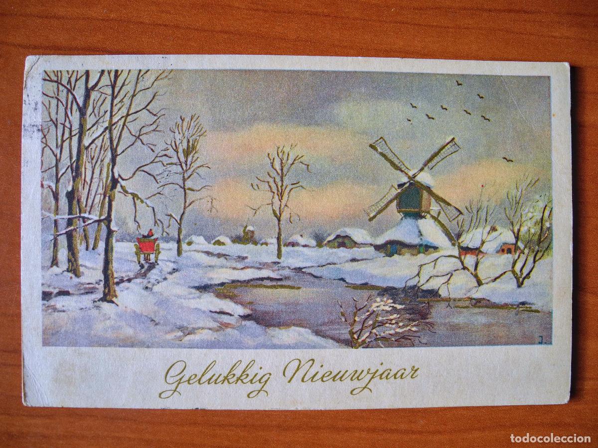 Postcards: Postal Navidad. Paisaje nevado. Molino r&iacute;o carro Trazos dorados Circulada con sello 1949 14x9