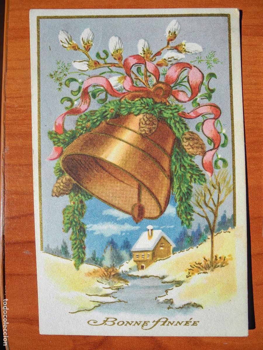 Postcards: Postal Navidad. Paisaje nevado. Campana. R&iacute;o. Trazos dorados. Circulada con sello 1952 9x14