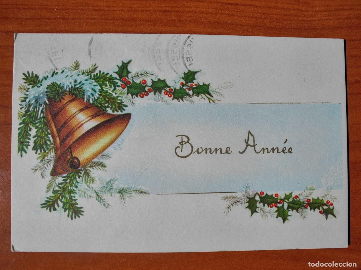 Postcards: Postal Navidad. Paisaje nevado. Campana. Trazos dorados Circulada con sello 9x14