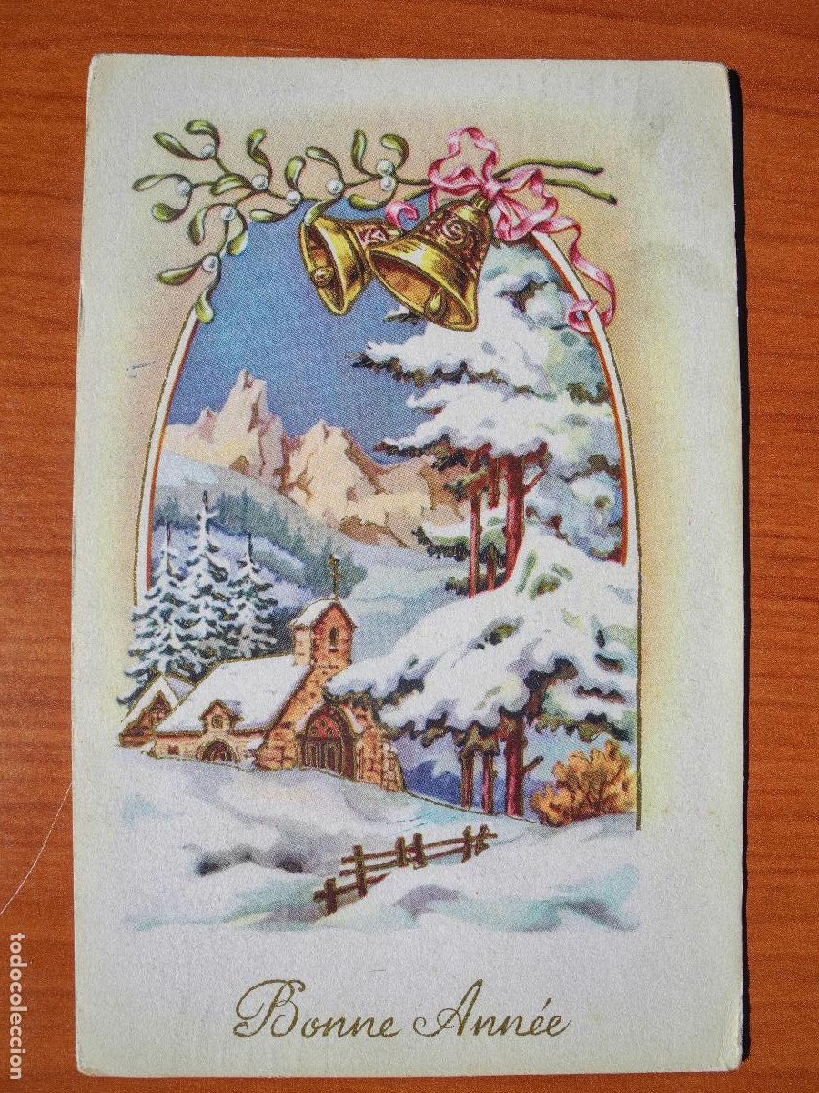 Postcards: Postal Navidad. Paisaje nevado. Campanas. Mu&eacute;rdago. Trazos dorados Circulada con sello 1952 9x14