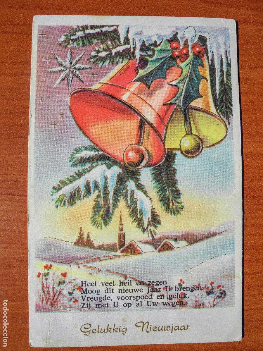 Postcards: Postal Navidad. Paisaje nevado. Campanas. Trazos dorados Circulada con sello 1961 9x14