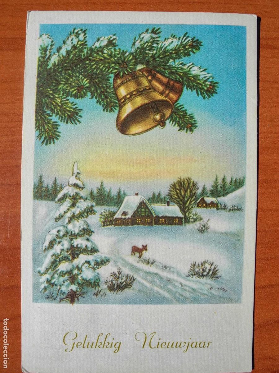 Postcards: Postal Navidad. Paisaje nevado. Campanas. Trazos dorados. Circulada con sello 1959 9x14