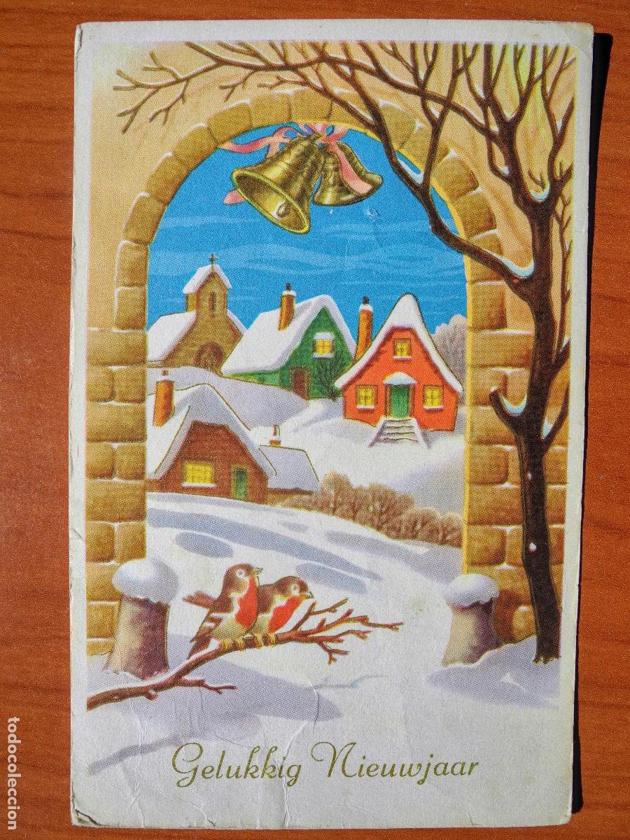 Postcards: Postal Navidad. Paisaje nevado. Campanas. Portal. Trazos dorados. Escrita 9x14