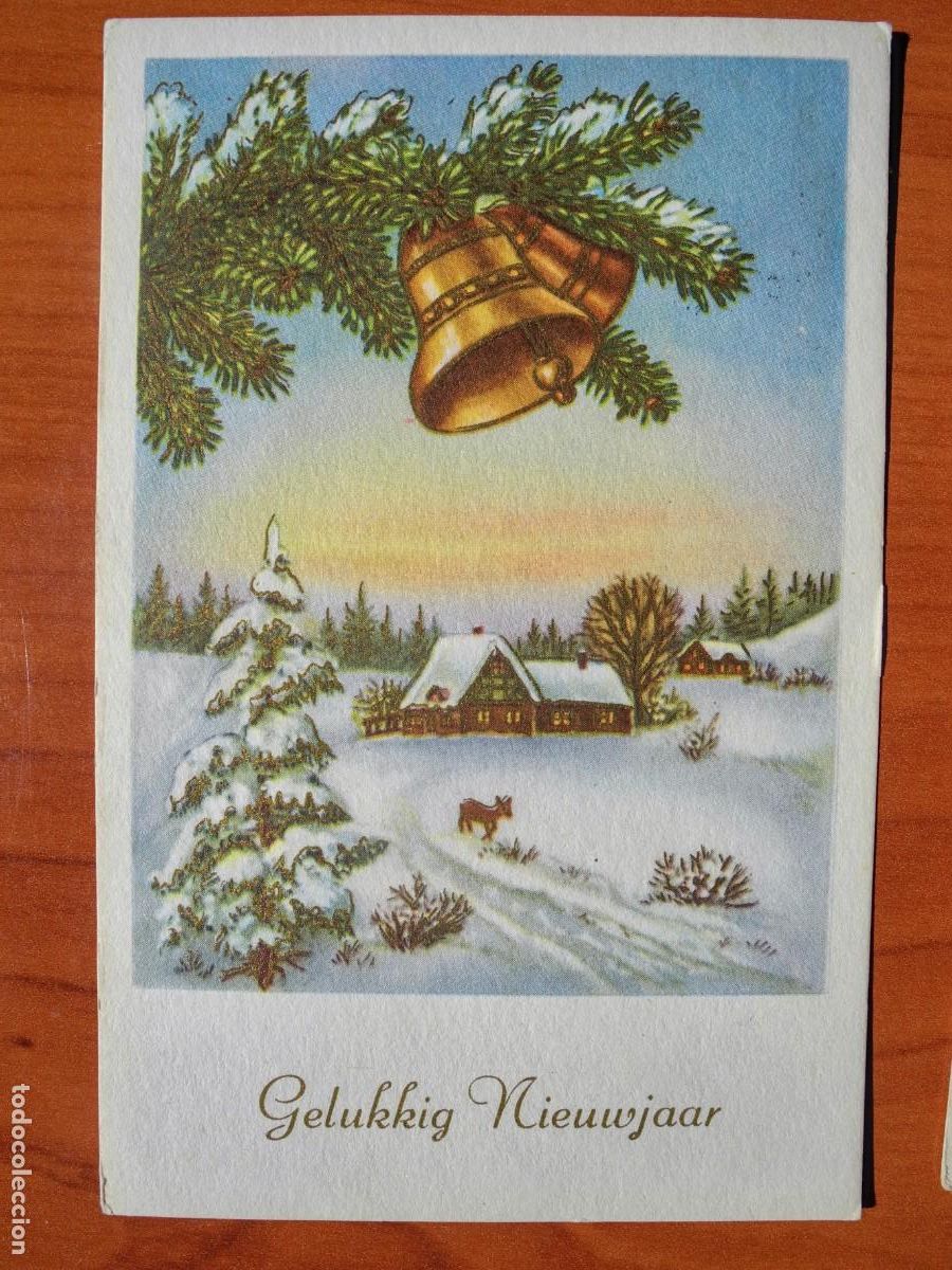 Postcards: Postal Navidad. Paisaje nevado. Campanas Trazos dorados Circulada con sello 9x14
