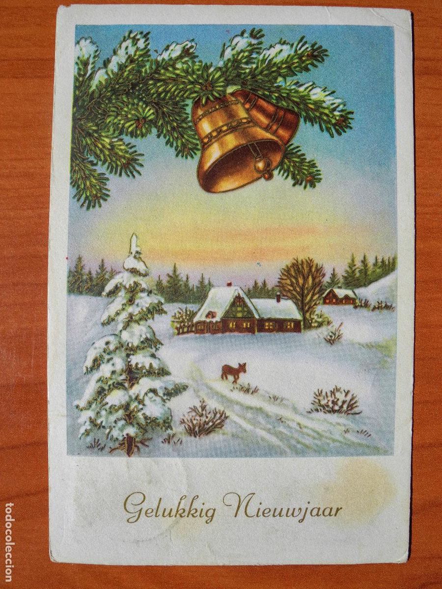 Postcards: Postal Navidad. Paisaje nevado. Campanas Trazos dorados Circulada con sello 1958 9x14