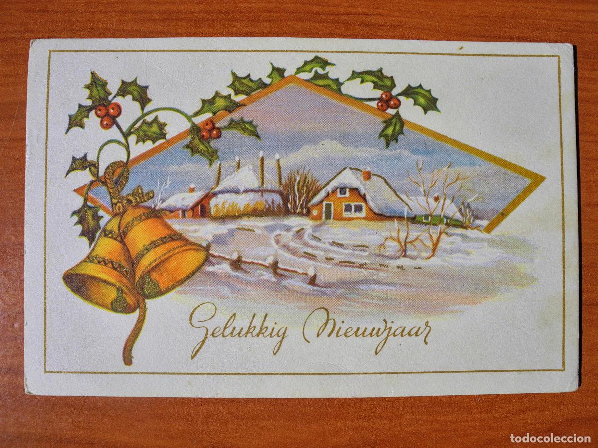 Postcards: Postal Navidad. Paisaje nevado. Acebo. Campanas Trazos dorados Circulada con sello 1951 9x14